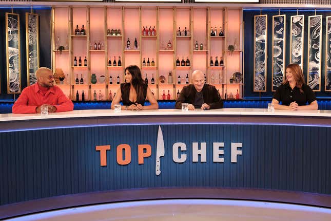 David Zilber, Padma Lakshmi, Tom Colicchio, and Gail Simmons in season 20 of Top Chef.