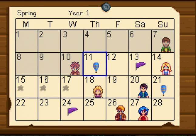 Um calendário com ícones em determinadas datas