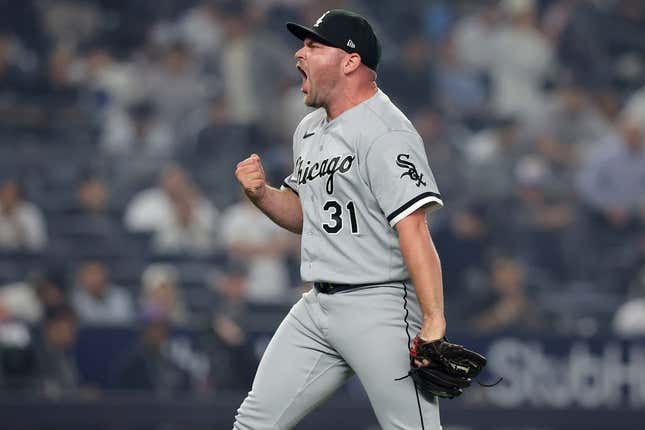 Jun 6, 2023; Bronx, New York, USA; Chicago White Sox relief pitcher Liam Hendriks (31) reacts after getting the final out against the New York Yankees at Yankee Stadium.