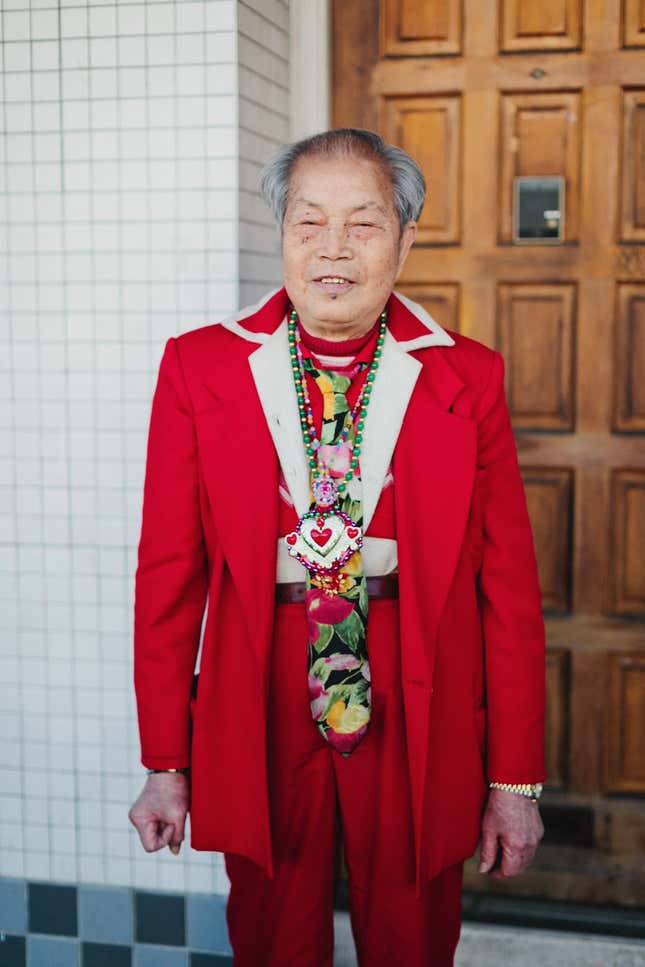 You Tian Wu, 83, with a bolo tie he made from Mardi Gras beads.