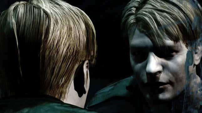 An image shows a man looking at his reflection in Silent Hill 2. 