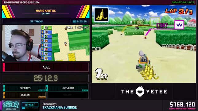 Abel speedruns Mario Kart DS on Twitch.