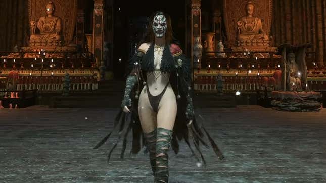 A woman wears a thong into battle. 