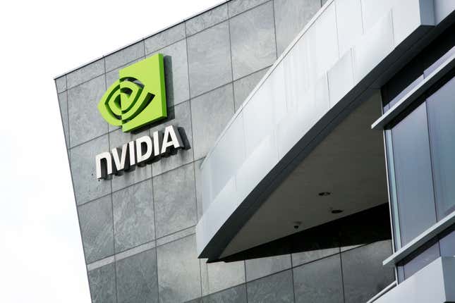 Nvidia logo on corner of grey building of the headquarters of the Nvidia