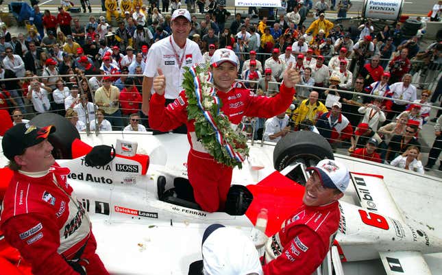 Gil de Ferran celebrates abord the #6 Marlboro Team Penske Dallara Toyota after winning the Indianapolis 500, part of the IRL (Indy Racing League) IndyCar Series, on May 25, 2003 at the Indianapolis Motor Speedway in Indianapolis, Indiana