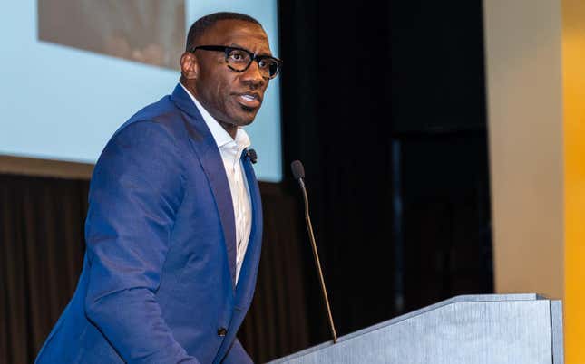 Shannon Sharpe delivers the keynote address at an event celebrating HBCUs in Atlanta on Monday.