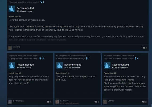 Image for article titled Peak, As Told By Steam Reviews