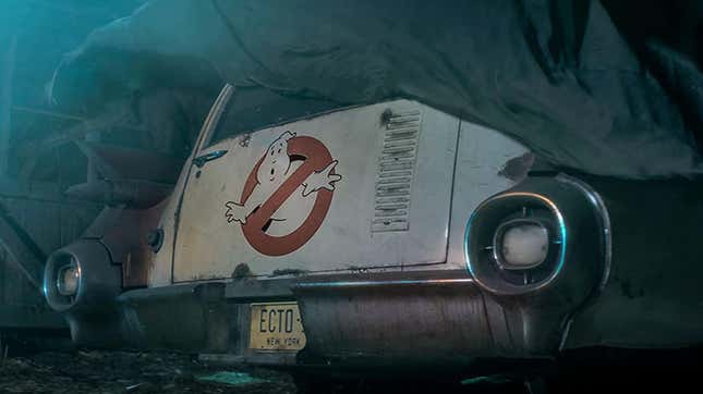 Ghostbusters' iconic Ecto-1 under a cover.