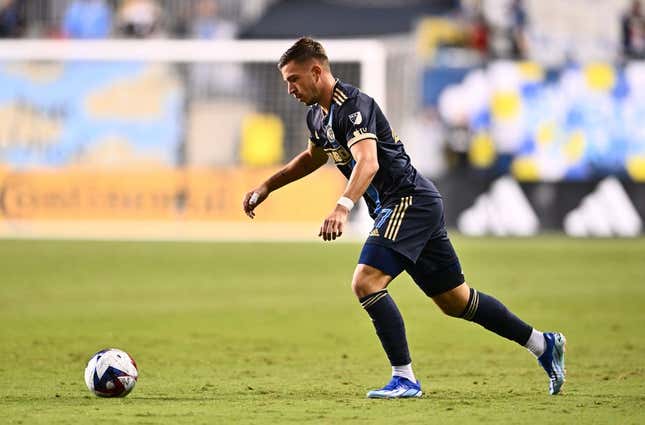 Oct 7, 2023; Philadelphia, Pennsylvania, USA; Philadelphia Union defender Kai Wagner (27) sets up a cross against Nashville SC in the first half at Subaru Park.