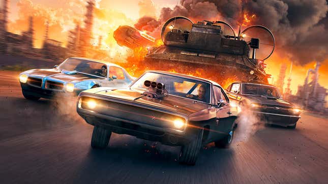 A Fast & Furious Crossroads image showing three muscle cars escaping an even bigger vehicle.