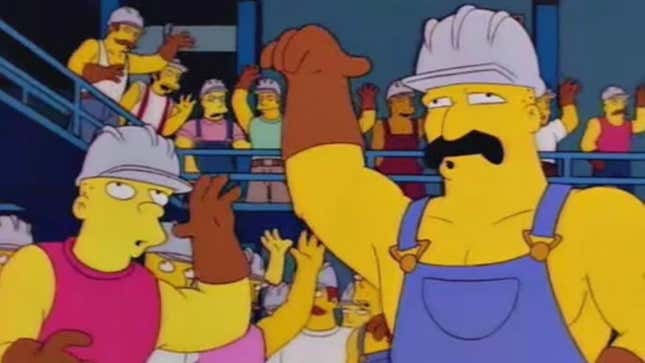 Gay steel workers greet Homer and Bart as they tour the local factory.