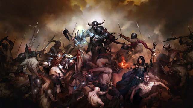A bunch of Diablo 4 warriors battle against a demon horde.
