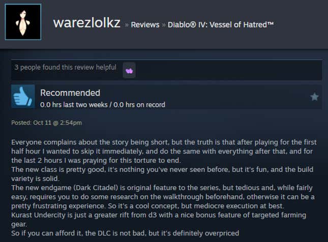 Image for article titled Diablo 4: Vessel Of Hatred, As Told By Steam Reviews