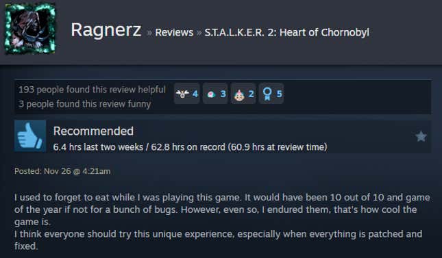 A screenshot shows a Steam user review for Stalker 2.