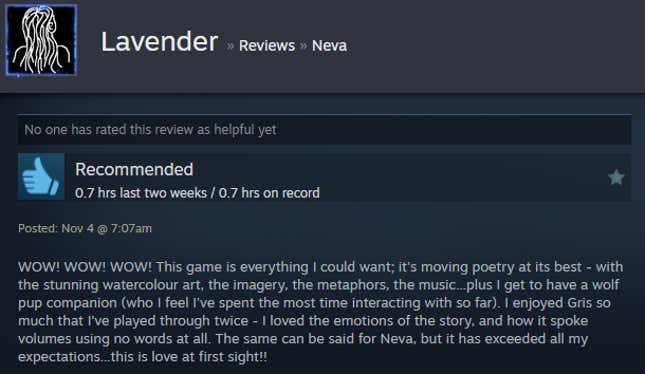 A screenshot shows a Steam user review from Neva.