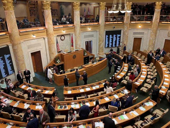 FILE - Arkansas lawmakers gather in the House of Representatives chamber at the state Capitol in Little Rock, Ark. on Monday, Jan. 9, 2023. Arkansas lawmakers are convening at the Capitol and their top agenda item is taking up Gov. Sarah Huckabee Sanders&#39; $6.3 billion proposed budget for the coming year. (AP Photo/Andrew DeMillo, File)