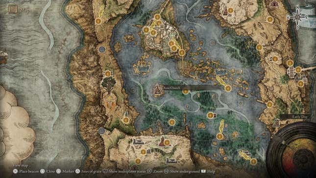 A screenshot of Elden Ring's map screen highlights the location of Rose Church.