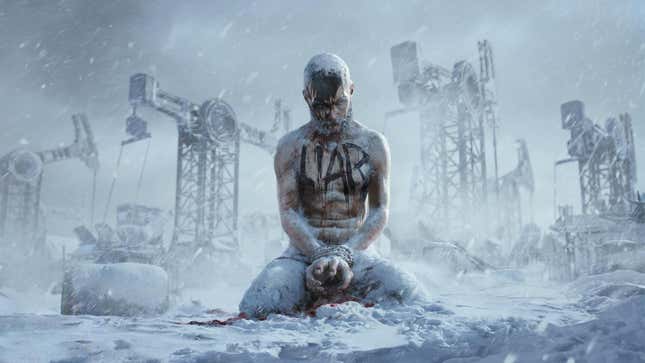 a man kneels in the snow in front of oil pumps in frostpunk 2