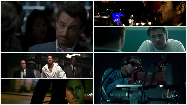 Im Uhrzeigersinn von oben rechts: Robert De Niro in Heat, Colin Farrell in Miami Vice, Chris Hemsworth in Blackhat, James Caan in Thief, Tom Cruise in Collateral, Will Smith in Ali.