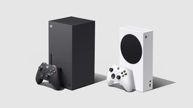 An Xbox Series X and S sit in front of a grey background. 