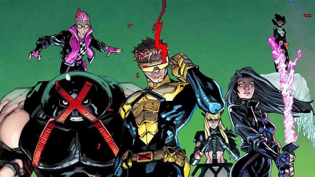 Juggernaut, Quentin Quire, Cyclops, Magik, Psylocke, and Temper in an X-Men team line-up 