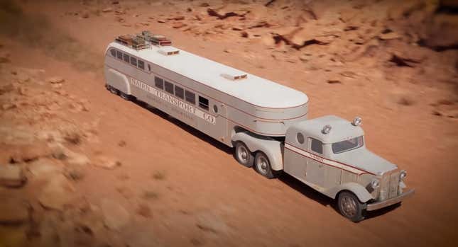 a digital representation of the Marmon- Herrington tractor bus driving through empty desert