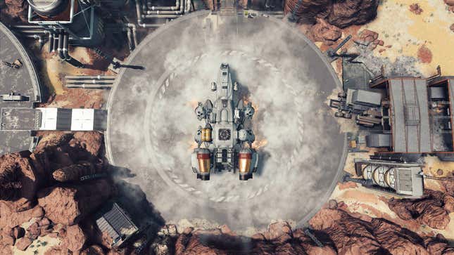 A ship in Starfield sits on a landing pad.