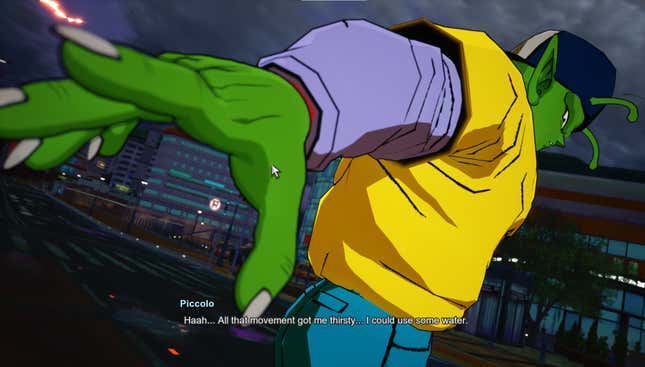 Piccolo is wearing a large yellow t-shirt 