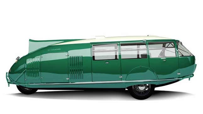 A photo of a green three-wheeled bus. 