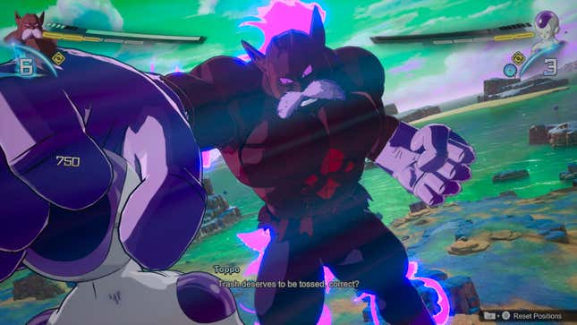 Toppo in his God of Destruction form picks up Frieza by his face.