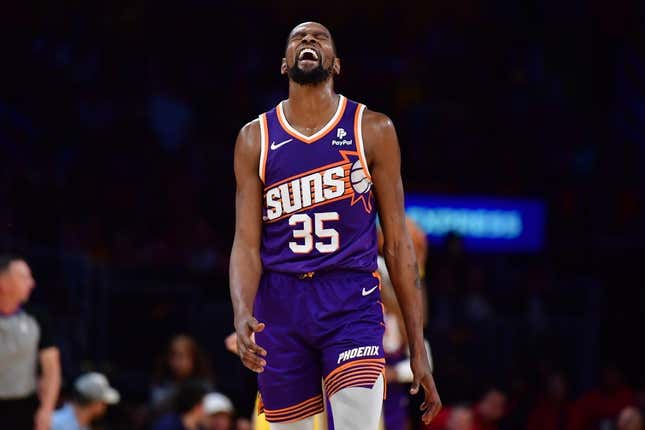 Oct 26, 2023; Los Angeles, California, USA; Phoenix Suns forward Kevin Durant (35) reacts after a turnover against the Los Angeles Lakers during the second half at Crypto.com Arena.