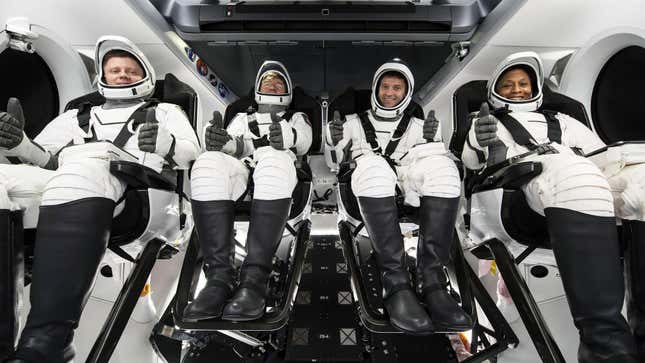 Members of NASA’s SpaceX Crew-8 from right to left, NASA astronauts Jeanette Epps, mission specialist; Matthew Dominick, commander; Michael Barratt, pilot; and Roscosmos cosmonaut Alexander Grebenkin, mission specialist; participate in the Crew Equipment Interface Test at Cape Canaveral Space Force Station in Florida on Friday, Jan. 12, 2024.