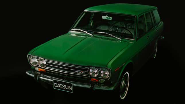 A photo of a green Datsun 510 wagon in a studio. 