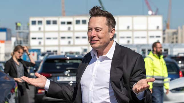 Tesla head Elon Musk arrives to have a look at the construction site of the new Tesla Gigafactory near Berlin on September 03, 2020 near Gruenheide, Germany.
