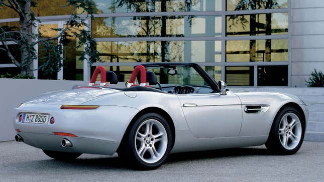 A photo of a silver BMW Z8 convertible. 