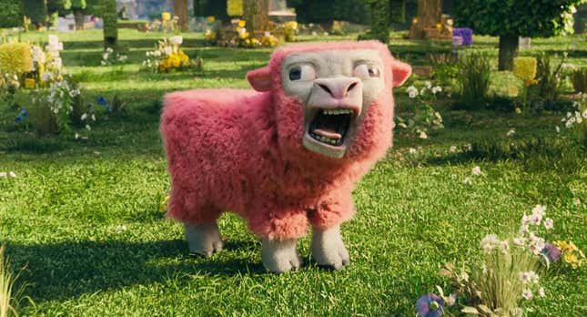 A pink sheep with a gurning mouth.