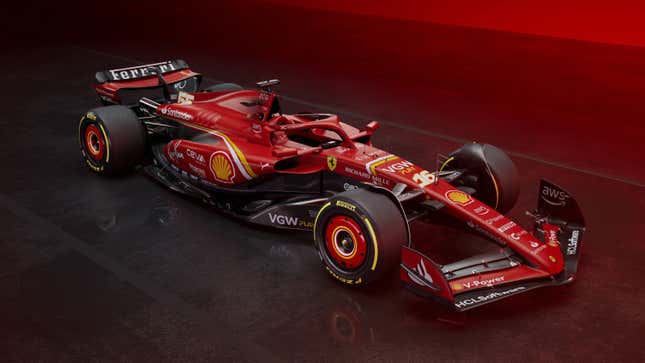 A photo of the red 2024 Ferrari F1 car. 