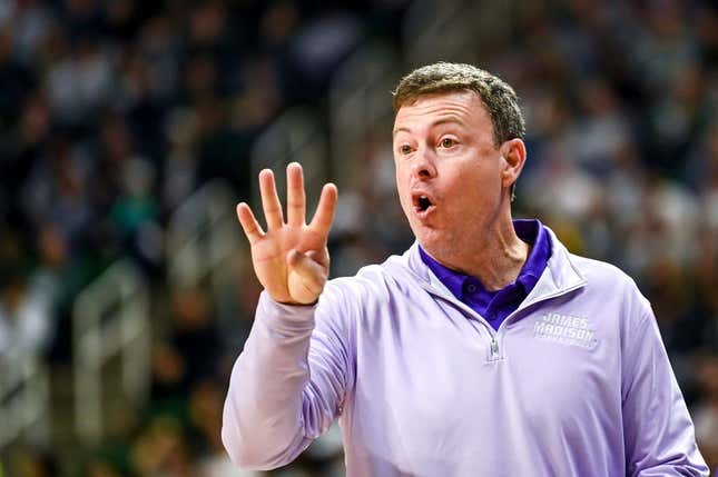 James Madison&#39;s head coach Mark Byington talks to a referee during the first half in the game against Michigan State on Monday, Nov. 6, 2023, in East Lansing.