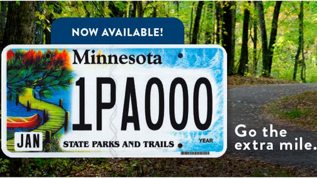 A Minnesota license plate with a picture of the national park on it. 