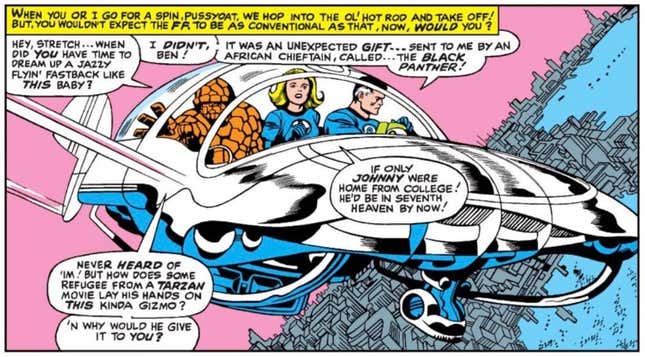 While likening Black Panther to a ‘refugee from a Tarzan movie,’ the Fantastic Four marveled at his technological innovations in ‘Introducing the Sensational Black Panther.’ Fantastic Four #52 (July 1966).