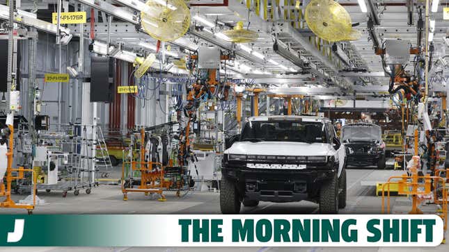A photo of EVs being built at GM's Hummer plant. 