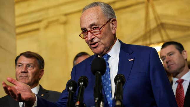  U.S. Senate Majority Leader Chuck Schumer (D-NY) addresses a press conference during a break in a bipartisan Artificial Intelligence (AI) Insight Forum for all U.S. senators at the U.S. Capitol in Washington, U.S., September 13, 2023.