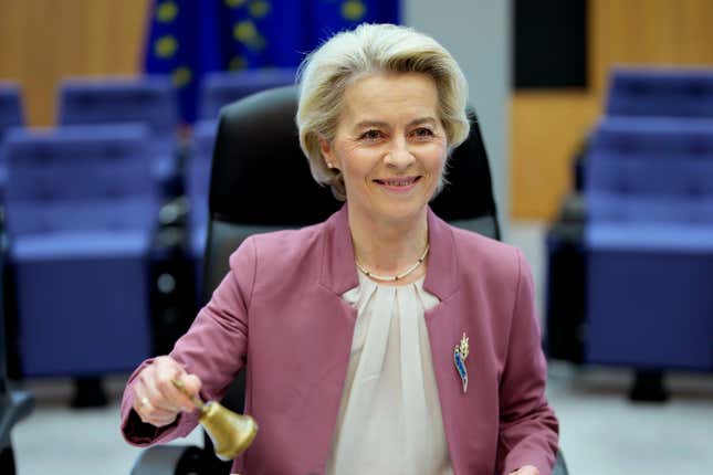 FILE - European Commission President Ursula von der Leyen rings a bell to signify the start of a meeting of the College of Commissioners at EU headquarters in Brussels, on Nov. 15, 2023. Chinese President Xi Jinping met at a state guesthouse in Beijing with the two European presidents, Ursula von der Leyen from the EU Commission and Charles Michel from the EU Council on Thursday, Dec. 7, 2023. (AP Photo/Virginia Mayo, File)