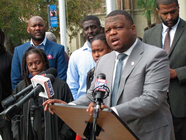 Attorney Harry Daniels speaks during a news conference Wednesday, Nov. 16, 2022, in Woodbine, Ga., calling for the firing and arrests of Camden County sheriff’s deputies recorded by security cameras repeatedly punching jail detainee Jarrett Hobbs. Daniels has made public video from the jail that shows Hobbs standing alone in his cell before five guards rush in and surround Hobbs, who is punched repeatedly in the head and neck before guards drag him from the cell and hurl him against a wall. The Camden County sheriff’s office and the Georgia Bureau of Investigation are conducting separate investigations of the Sept. 3, 2022 incident.