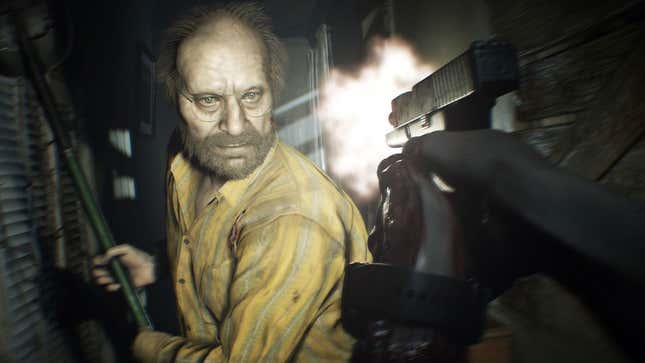 An image shows a man attacking someone in RE7. 
