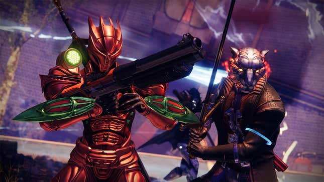 Two Destiny Guardians wearing Bungie 30th Anniversary helmets take on enemies in Dares of Eternity. 
