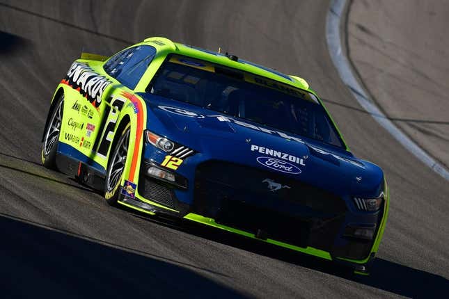 Oct 15, 2023; Las Vegas, Nevada, USA; NASCAR Cup Series driver Ryan Blaney (12) during the South Point 400 at Las Vegas Motor Speedway.