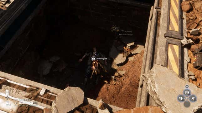Stellar Blade protagonist Eve crouches on top of Aaron's body in the Wasteland during the "Looking for My Brother" side quest.