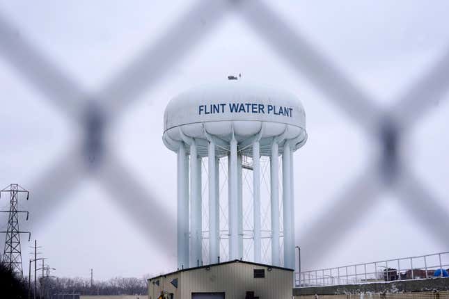 The Flint water plant tower is pictured on Jan. 6, 2022, in Flint, Mich. 