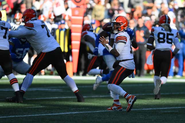 Oct 29, 2023; Seattle, Washington, USA; Cleveland Browns quarterback PJ Walker (10) looks to pass the ball against the Seattle Seahawks during the second hafl at Lumen Field.